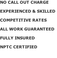 NO CALL OUT CHARGE

EXPERIENCED & SKILLED

COMPETITIVE RATES

ALL WORK GUARANTEED

FULLY INSURED

NPTC CERTIFIED



